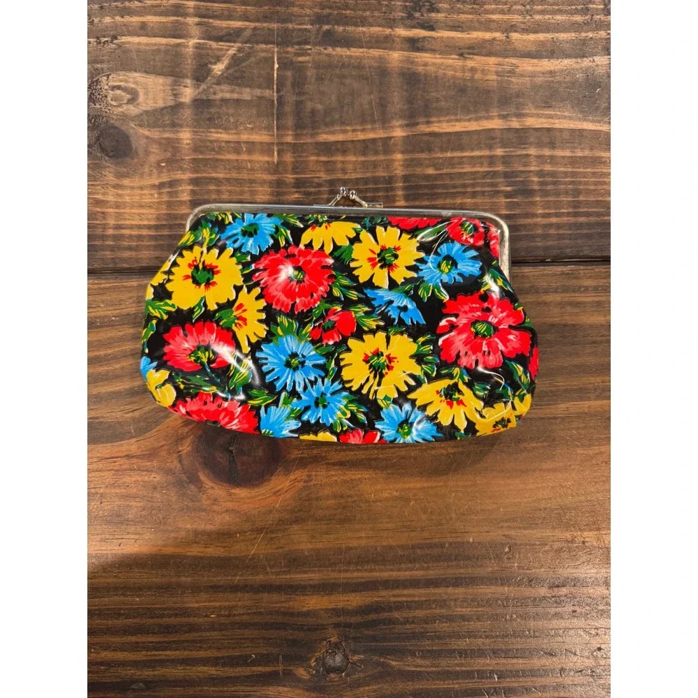 Vintage Floral Kiss Clasp Clutch Purse Multi Color Retro Glossy Makeup Bag 7x5x1